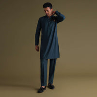 Teal Blue Pathani Kurta Set In Rayon With A Black Patch On Shoulder With Embroidery