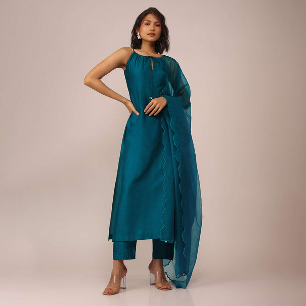 Teal Blue Plain Suit Set In Art Silk With Tassels Adorned Dupatta