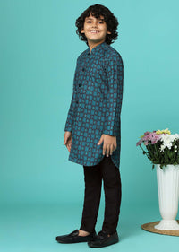 Teal Blue Printed Silk Kurta Pant Set