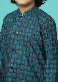 Teal Blue Printed Silk Kurta Pant Set