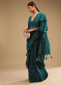 Teal Blue Saree In Georgette With Ruffle Frill And A Chunky Embroidered Belt