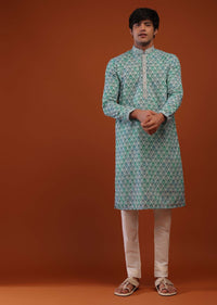 Teal Blue Shadded Block Printed Georgette Kurta With Lucknowi Thread Work, Moroccan Jaal And Floral Buttis