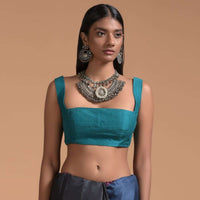 Teal Blue Sleeveless Blouse In Raw Silk With Fancy Curvy Square Neckline