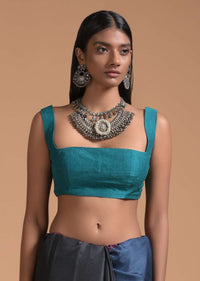 Teal Blue Sleeveless Blouse In Raw Silk With Fancy Curvy Square Neckline