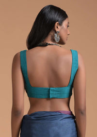 Teal Blue Sleeveless Blouse In Raw Silk With Fancy Curvy Square Neckline