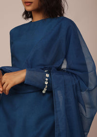 Teal Blue Suit Set With Tassel-Adorned Dupatta In Russian Art Silk