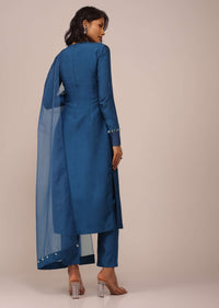 Teal Blue Suit Set With Tassel-Adorned Dupatta In Russian Art Silk