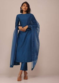 Teal Blue Suit Set With Tassel-Adorned Dupatta In Russian Art Silk