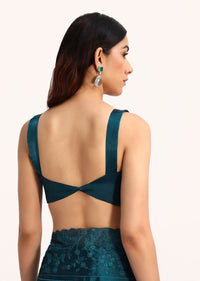 Teal Blue Tissue Saree With Thread And Stone Embroidery And Unstitched Blouse
