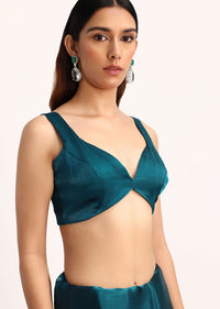 Teal Blue Tissue Saree With Thread And Stone Embroidery And Unstitched Blouse