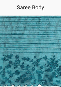 Teal Blue Tissue Saree With Thread And Stone Embroidery And Unstitched Blouse