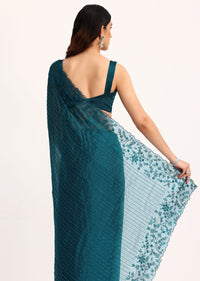 Teal Blue Tissue Saree With Thread And Stone Embroidery And Unstitched Blouse