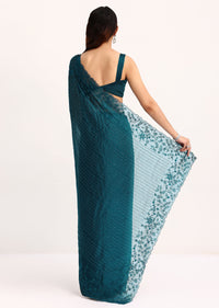 Teal Blue Tissue Saree With Thread And Stone Embroidery And Unstitched Blouse