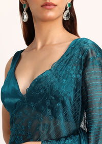 Teal Blue Tissue Saree With Thread And Stone Embroidery And Unstitched Blouse