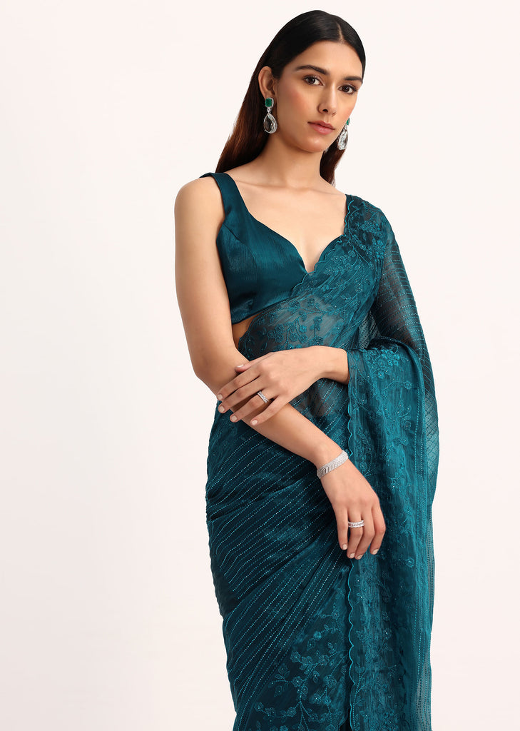 Teal Blue Tissue Saree With Thread And Stone Embroidery And Unstitched Blouse