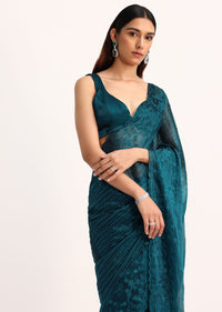 Teal Blue Tissue Saree With Thread And Stone Embroidery And Unstitched Blouse