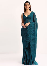 Teal Blue Tissue Saree With Thread And Stone Embroidery And Unstitched Blouse