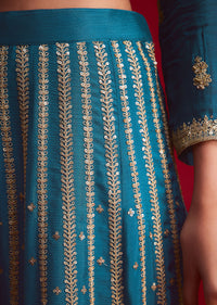 Teal blue Zari Embroidered Kurta Palazzo With Butti Work Dupatta