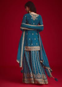 Teal blue Zari Embroidered Kurta Palazzo With Butti Work Dupatta