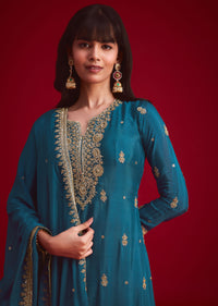 Teal blue Zari Embroidered Kurta Palazzo With Butti Work Dupatta