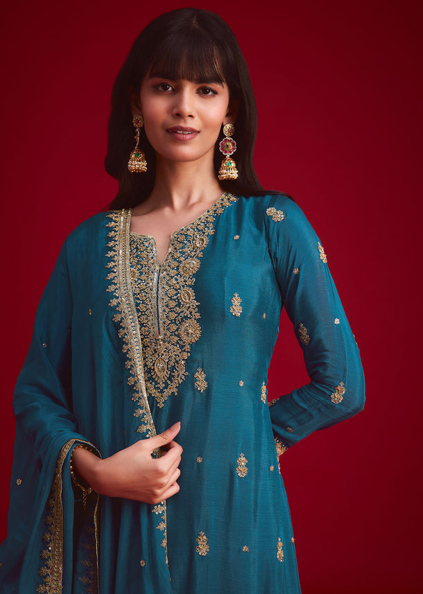 Teal blue Zari Embroidered Kurta Palazzo With Butti Work Dupatta