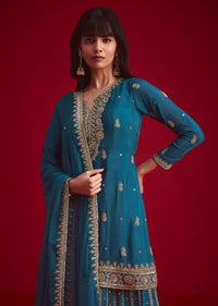 Teal blue Zari Embroidered Kurta Palazzo With Butti Work Dupatta