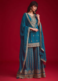 Teal blue Zari Embroidered Kurta Palazzo With Butti Work Dupatta