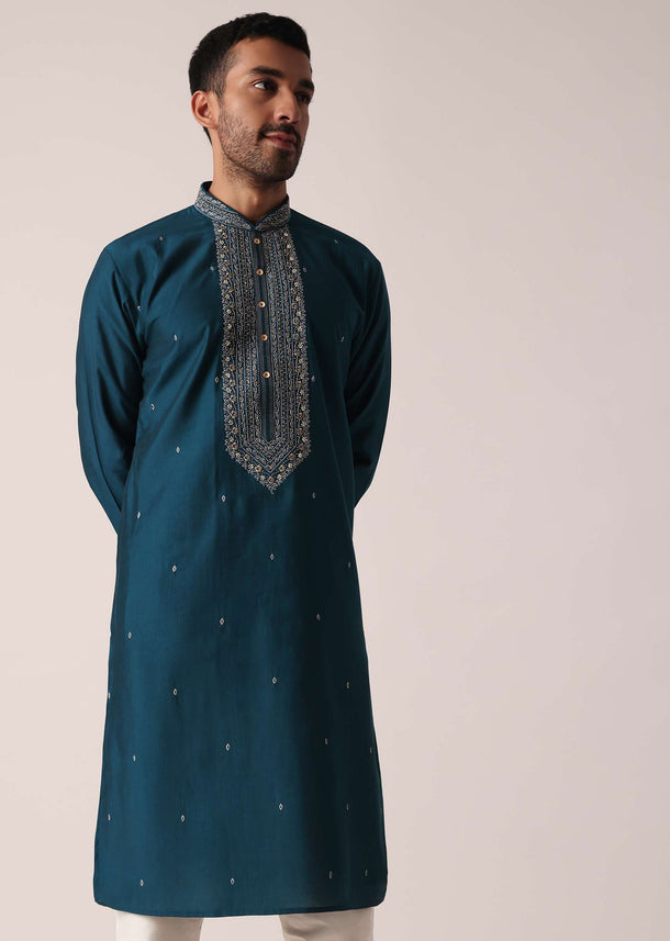 Teal Cotton Silk Kurta Set For Men