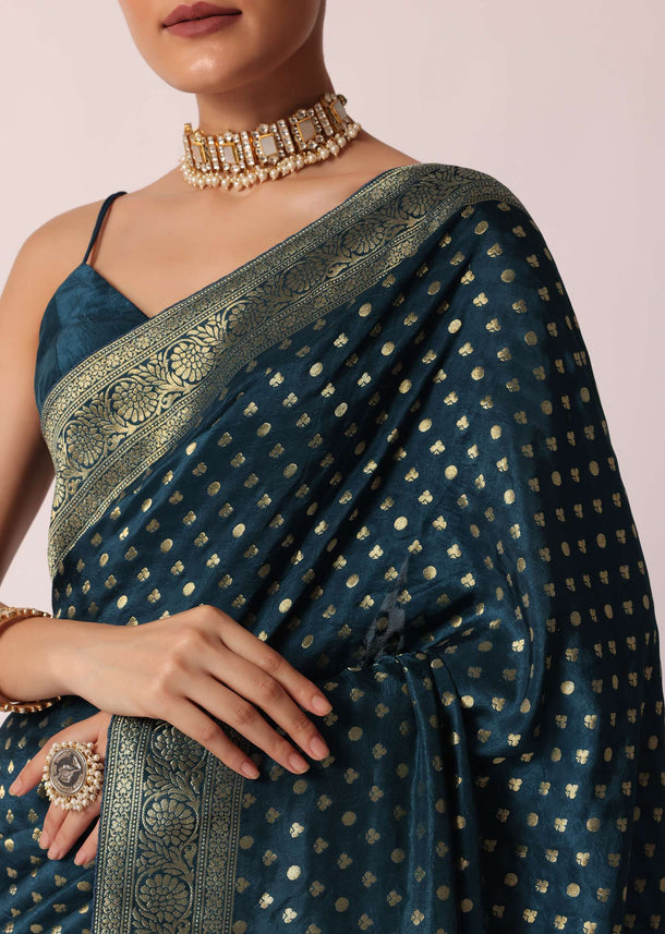 Teal Dola Silk Saree With Woven Zari Pallu And Unstitched Blouse Piece