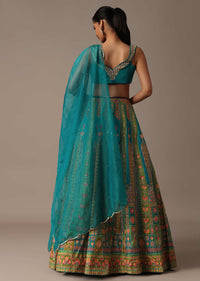 Teal Embroidered Choli With Printed Zari Lehenga And Organza Dupatta