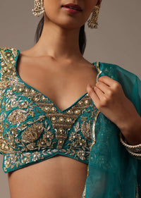 Teal Embroidered Choli With Printed Zari Lehenga And Organza Dupatta