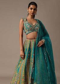 Teal Embroidered Choli With Printed Zari Lehenga And Organza Dupatta