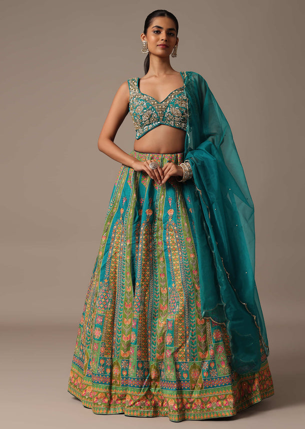 Teal Embroidered Choli With Printed Zari Lehenga And Organza Dupatta