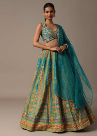 Teal Embroidered Choli With Printed Zari Lehenga And Organza Dupatta