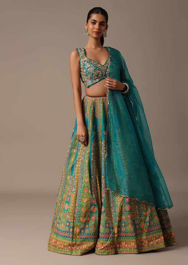 Teal Embroidered Choli With Printed Zari Lehenga And Organza Dupatta