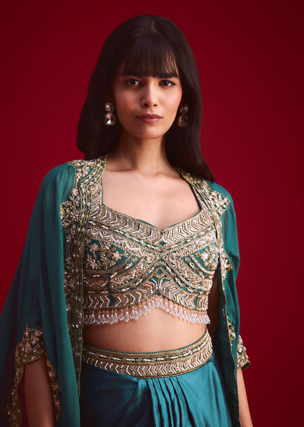 Teal Embroidered Crop Top And Draped Skirt With Jacket