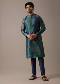 Teal Embroidered Kurta Set in Jacquard