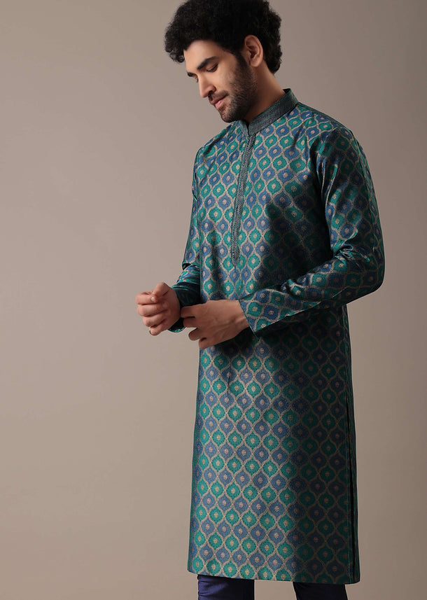 Teal Embroidered Kurta Set in Jacquard