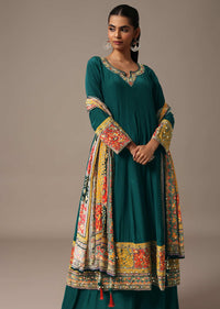 Teal Embroidered Kurta Palazzo Set With Mirror Work Dupatta