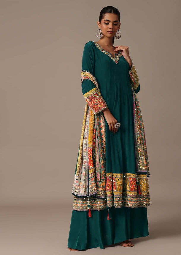 Teal Embroidered Kurta Palazzo Set With Mirror Work Dupatta