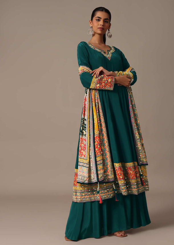 Teal Embroidered Kurta Palazzo Set With Mirror Work Dupatta