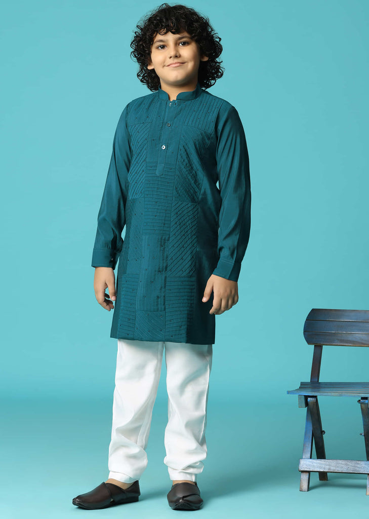 Teal Embroidered Silk Kurta Pant For Boys