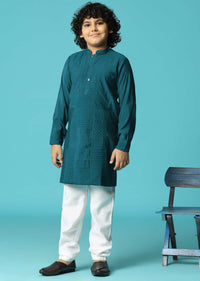 Teal Embroidered Silk Kurta Pant For Boys
