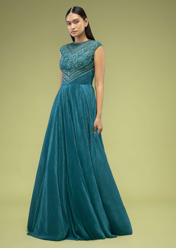 Teal Gown In Crush With Heavy Cut Dana Embroidery On The Bodice And Illusion Neckline