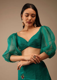 Teal Green Blouse In Raw Silk With Three Quarter Sleeves And Sweetheart Neckline