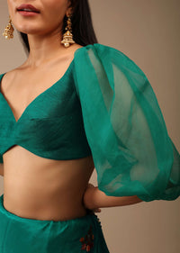 Teal Green Blouse In Raw Silk With Three Quarter Sleeves And Sweetheart Neckline