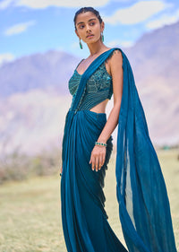 Teal Green Embroidered Drape Gown With Pleated Tassel Pallu