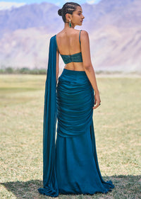 Teal Green Embroidered Drape Gown With Pleated Tassel Pallu