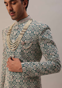 Teal Green Embroidered Sherwani Set With Layered Mala