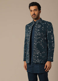 Teal Green Embroidered Silk Jodhpuri Set